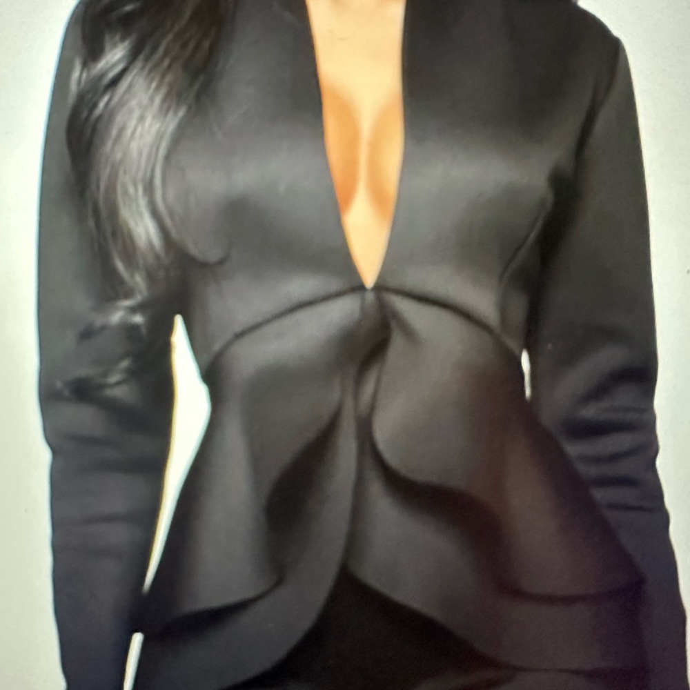 NEW- Black 2 piece pant set- Ruffled hem top with deep V Neck & fitted pants. - Picture 2 of 9